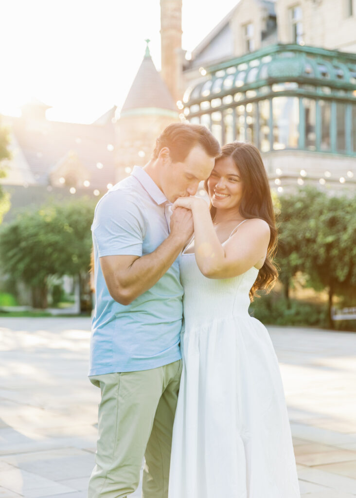 Engagement Photos by Tim Thornburg Photography at the American Swedish Institute. Kira and Jacob look at each other