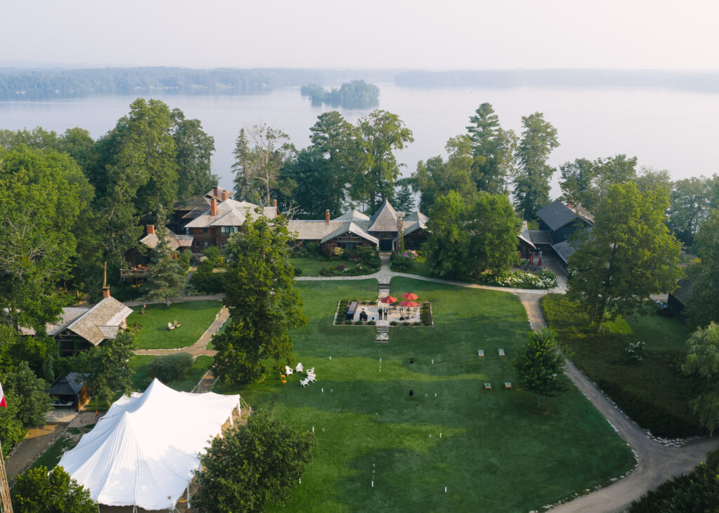 Stout's island Lodge in the morning from drone perspective