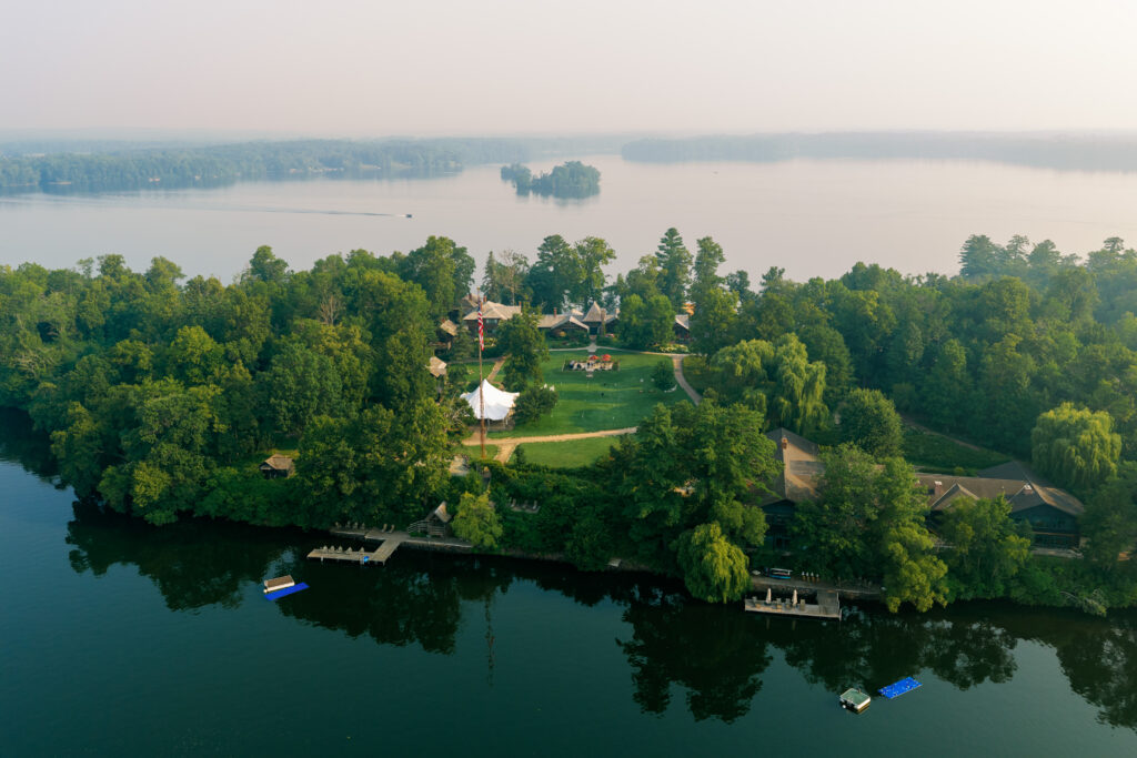 Stout's island Lodge in the morning from drone perspective
