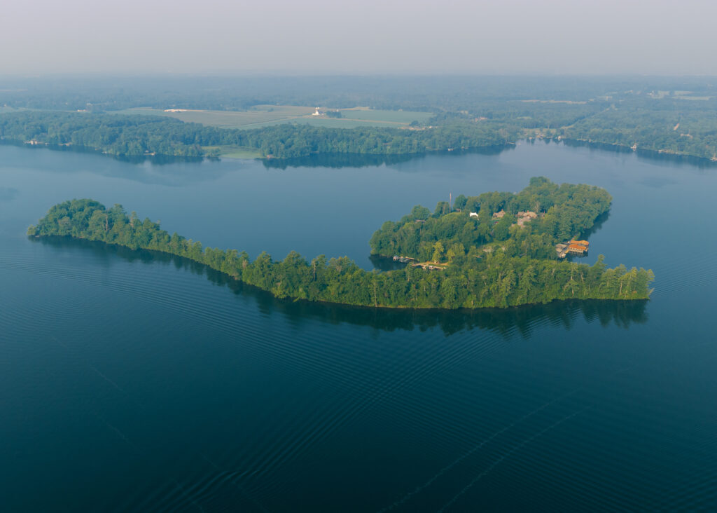 Stout's island Lodge in the morning from drone perspective