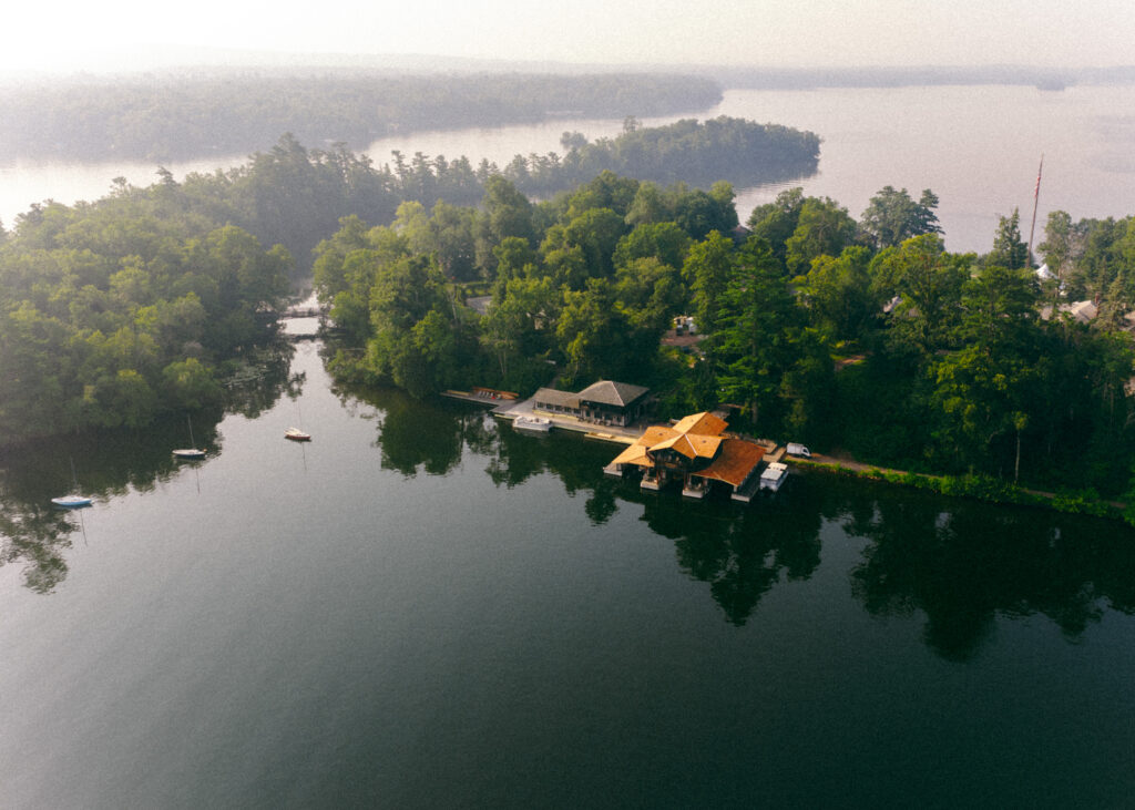 Stout's island Lodge in the morning from drone perspective