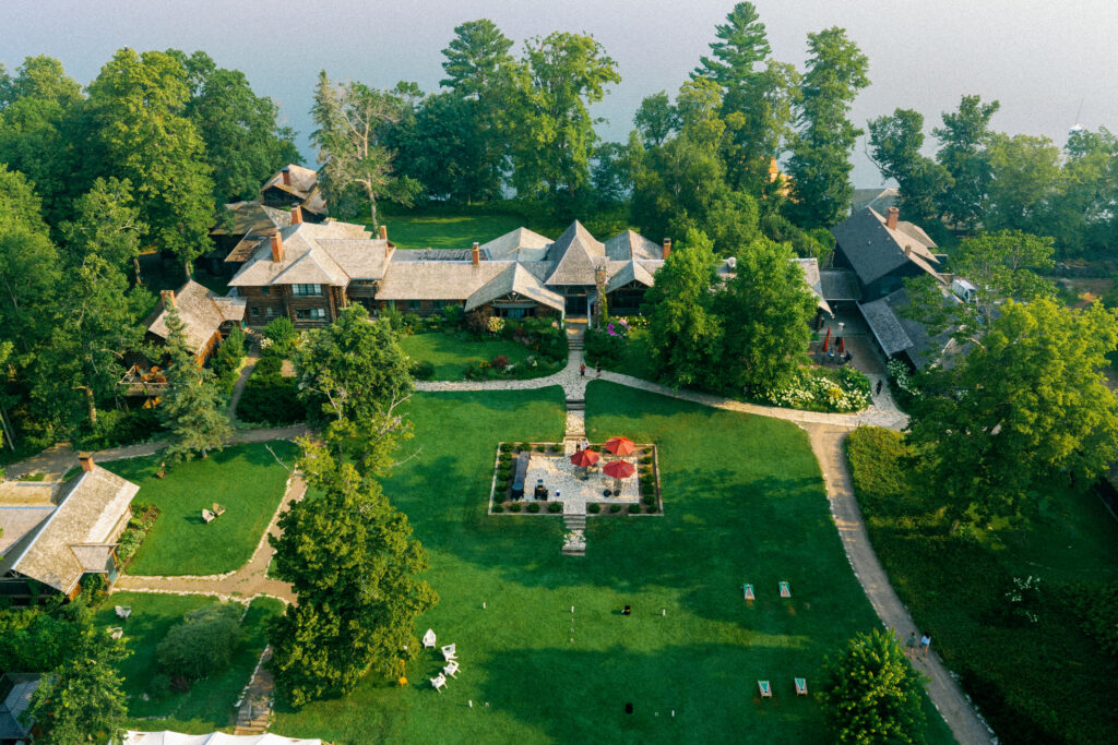 Stout's island Lodge in the morning from drone perspective