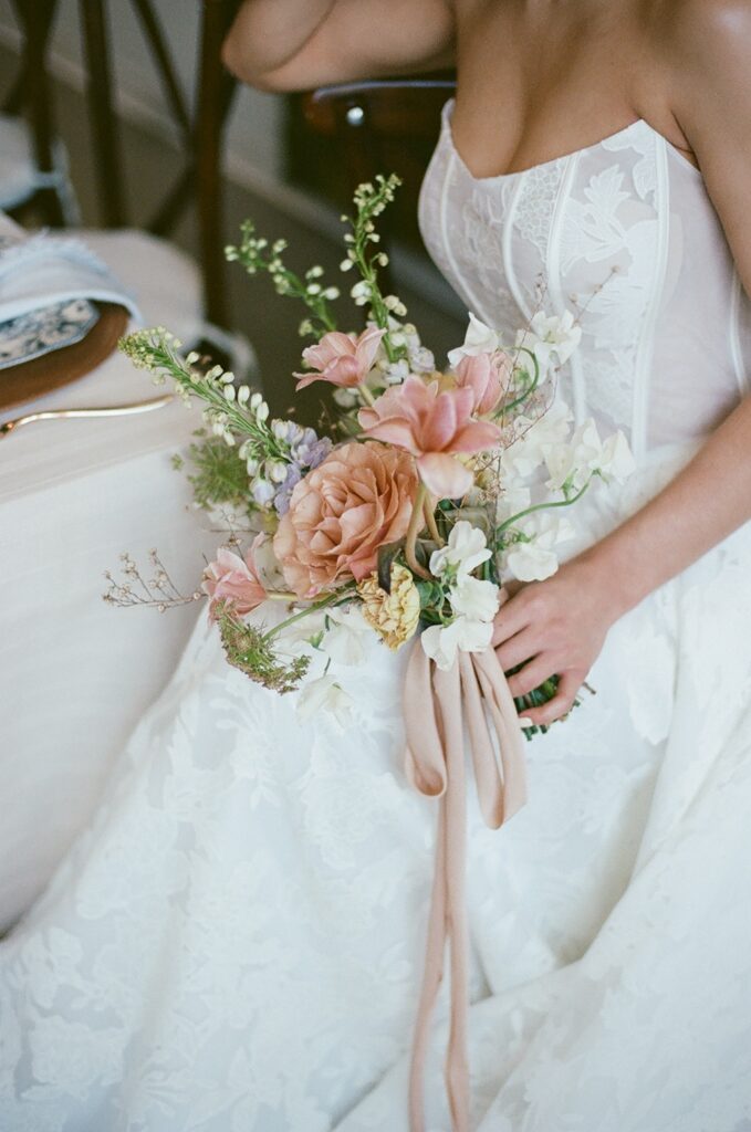 Minneapolis film photographer -bride in dress at the Urban daisy in Minneapolis, Minnesota