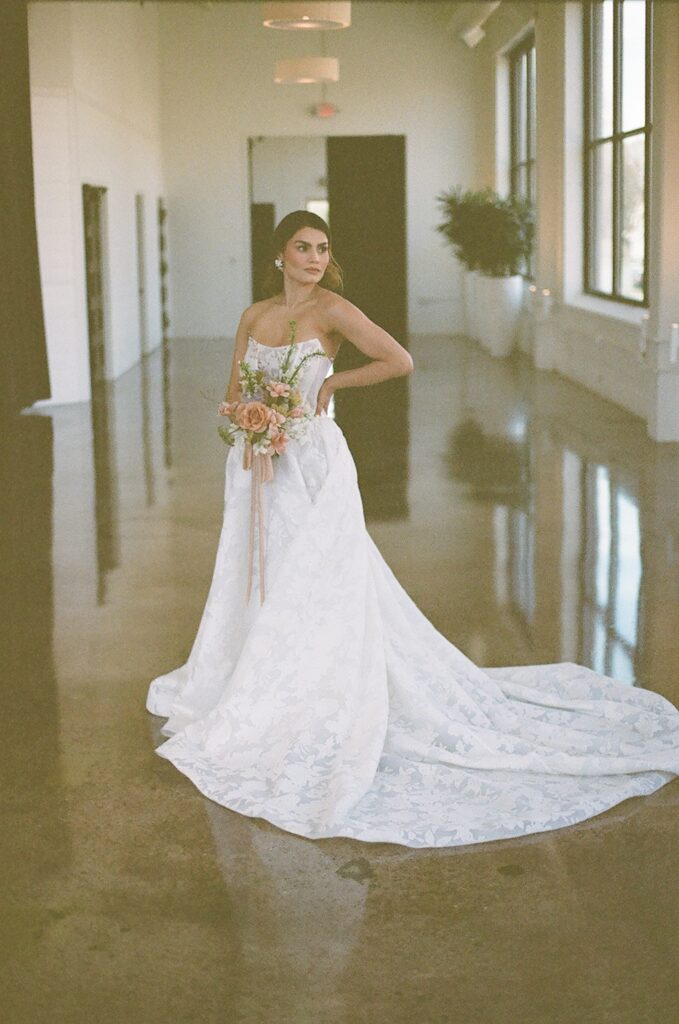 Minneapolis film photographer -bride in dress at the Urban daisy in Minneapolis, Minnesota