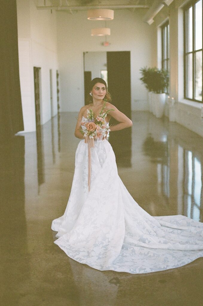 Minneapolis film photographer -bride in dress at the Urban daisy in Minneapolis, Minnesota