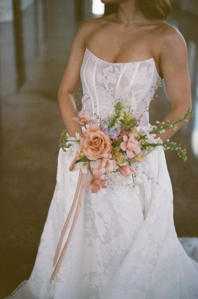 Minneapolis film photographer -bride in dress at the Urban daisy in Minneapolis, Minnesota