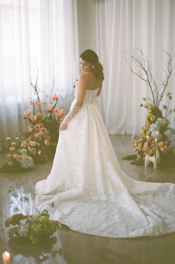 Minneapolis film photographer -bride in dress at the Urban daisy in Minneapolis, Minnesota